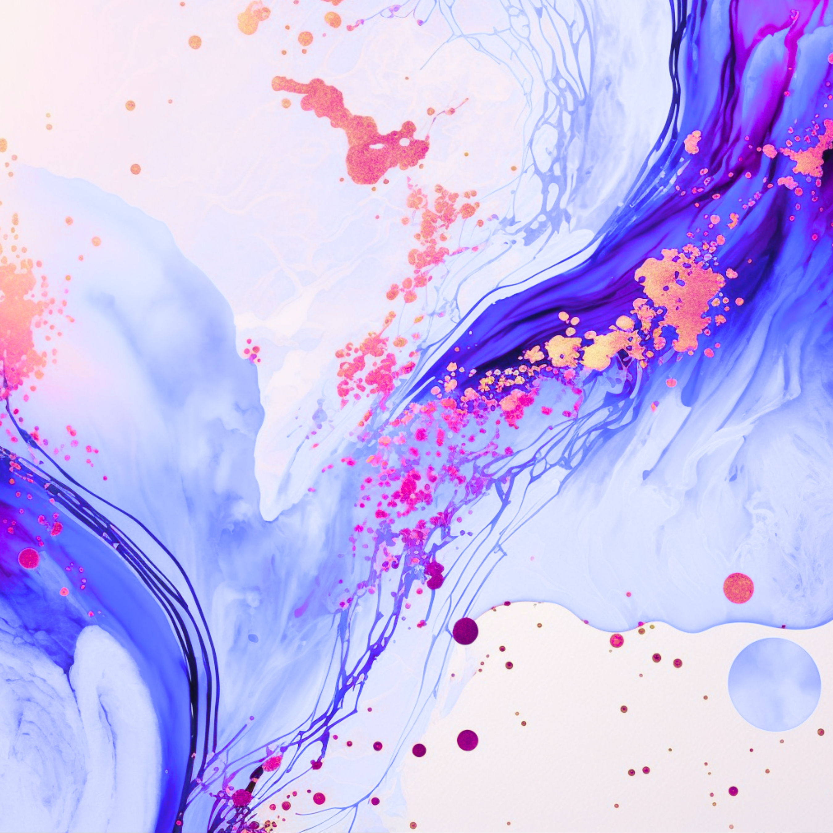 Abstract swirl of pink, blue, and purple paint blending fluidly on a white background.