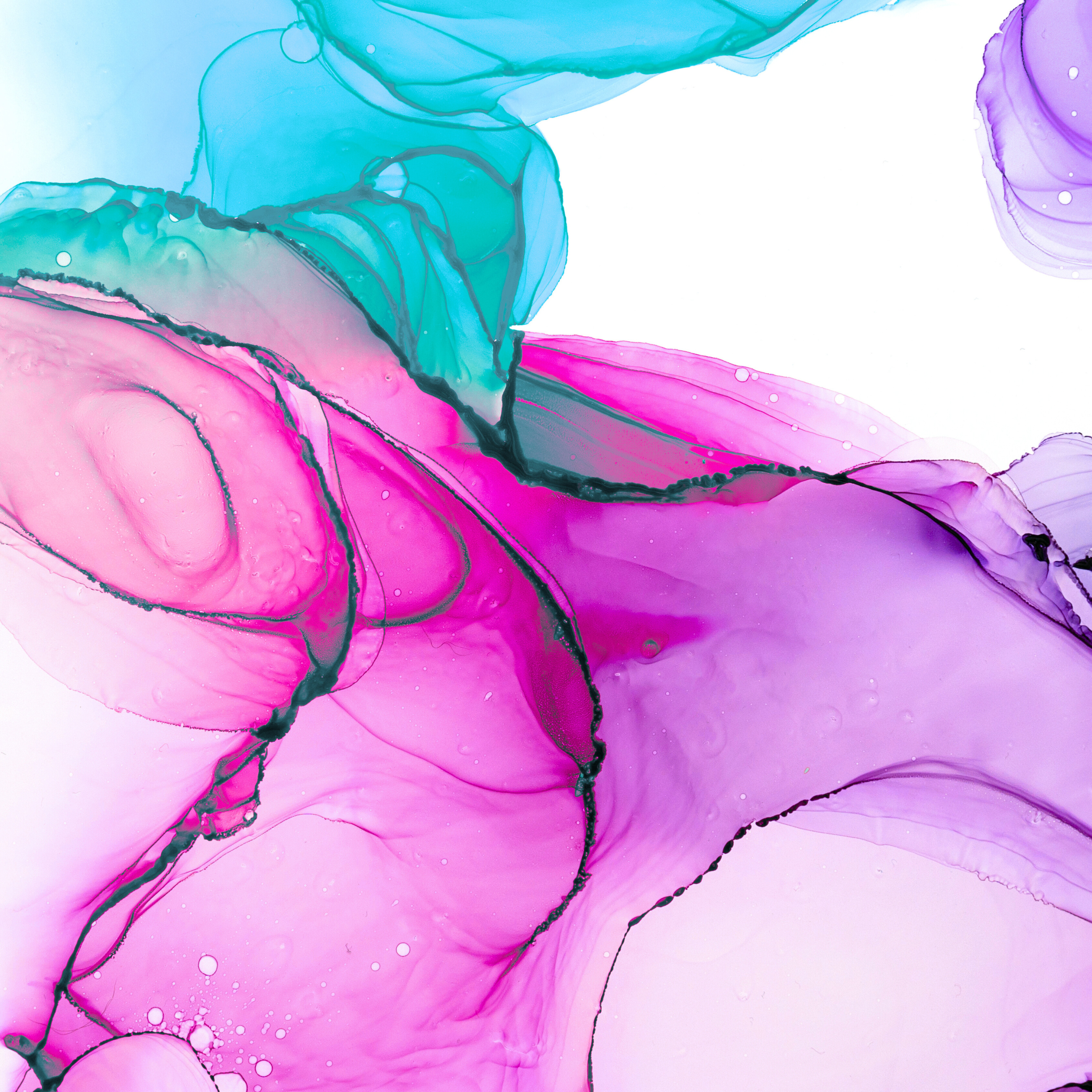 Abstract fluid art with swirls of pink, teal, and purple on a white background.