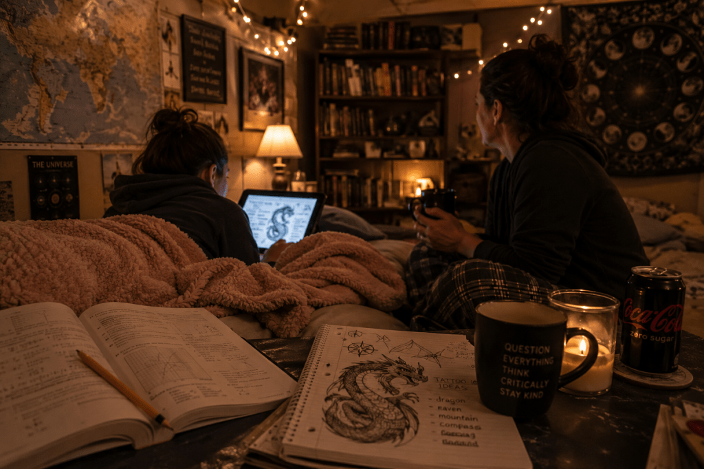 A warm, dimly lit room with a cozy lived-in feel. In the foreground, an open math workbook and pencil sit untouched beside a notebook filled with dragon tattoo sketches. In the background, a teen wrapped in blankets looks at a glowing tablet while an older woman sits nearby holding a mug. Bookshelves, string lights, maps, and celestial decor create an intimate atmosphere of thoughtful conversation and connection.