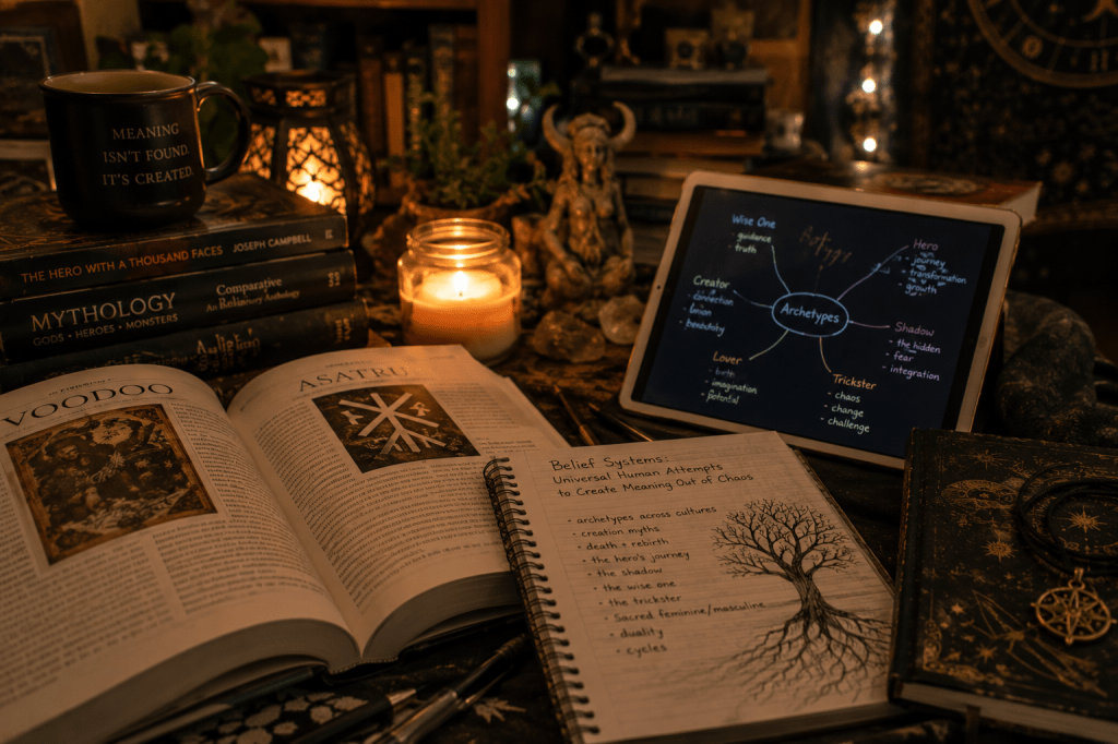 A warm, candlelit study space filled with books, notebooks, and symbolic objects related to mythology, spirituality, and comparative religion. An open tablet displays a diagram of archetypes while handwritten notes explore belief systems and meaning-making throughout human history. Cozy lighting, celestial details, and scattered texts create a reflective atmosphere of intellectual curiosity and philosophical discussion.