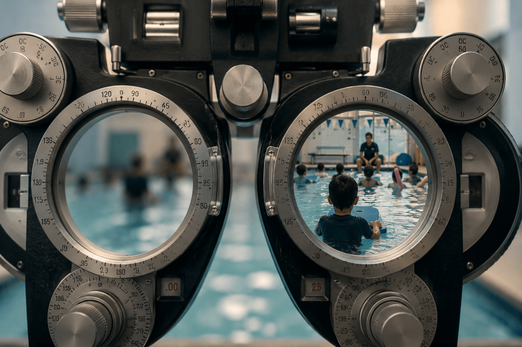 View through an optometrist’s phoropter showing a children’s swimming lesson, blurred through one lens and sharply focused through the other.