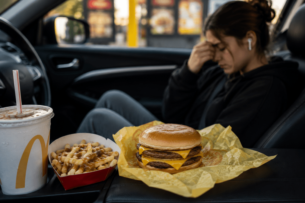 A McDonald’s double cheeseburger meal with poutine and a Coke inside a car, with an overwhelmed teenage girl wearing an earbud in the passenger seat.