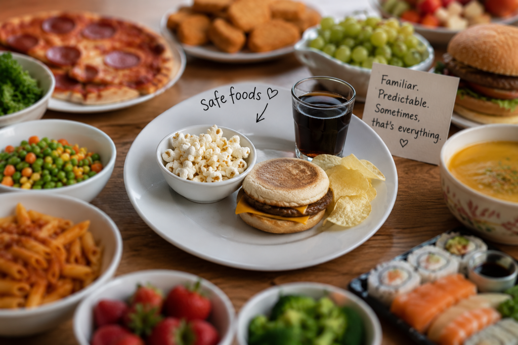 A small plate of familiar safe foods surrounded by a variety of other foods, illustrating how ARFID can restrict the range of foods a person is able to eat.