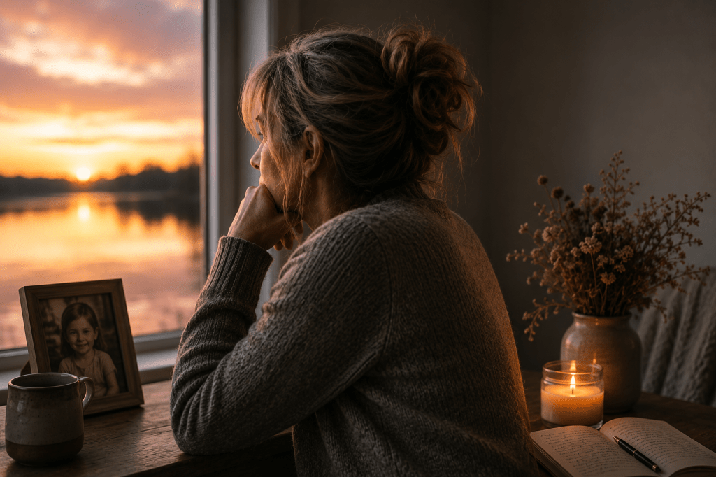 Middle-aged woman sitting thoughtfully by a window at sunset, looking out over the water beside a framed childhood photo, candle and open journal.