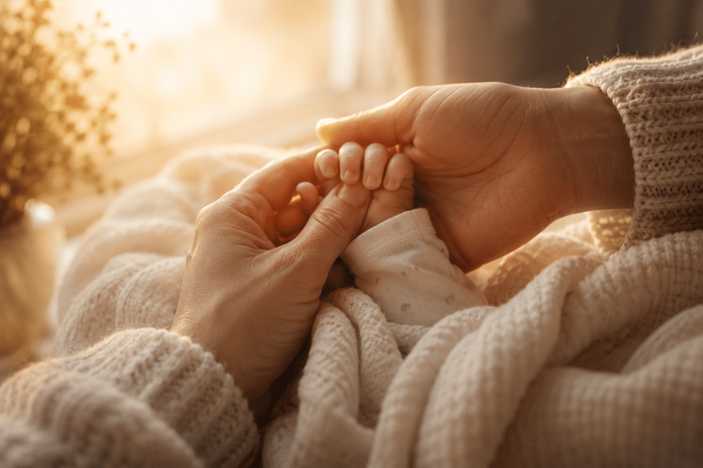 Adult hands gently holding a baby's tiny hand in warm morning light, symbolizing the joy and tenderness of motherhood.
