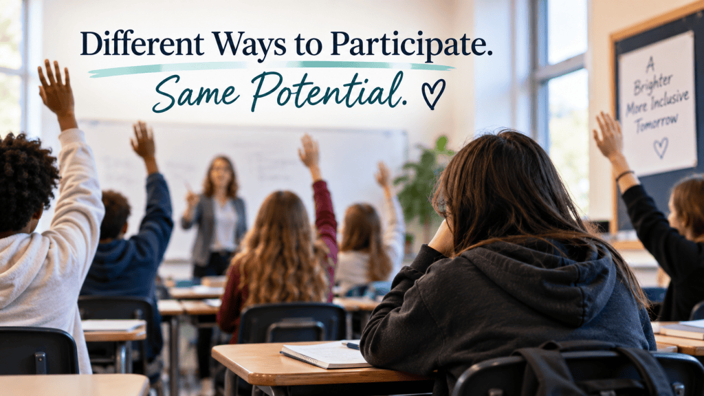 High school classroom with several students raising their hands while one student listens quietly, with the words “Different Ways to Participate. Same Potential.”